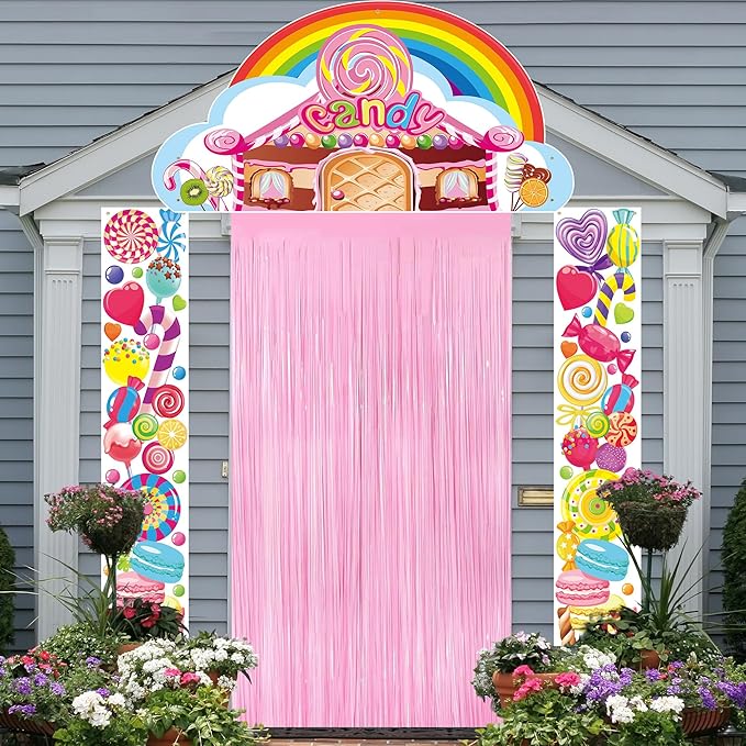 Crenics Candyland Party Decorations, 3Pcs Candyland Door Covers with Foil Fringe Curtain for Kids Candy Land Party Supplies
