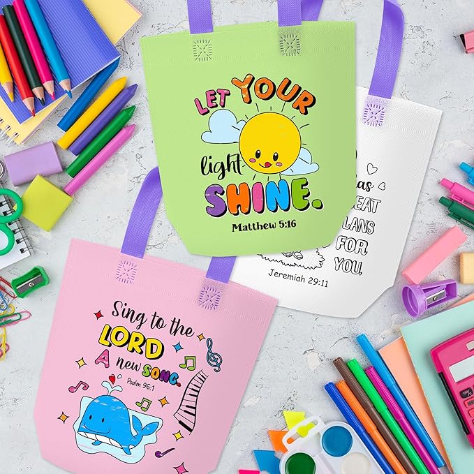 Cartoon Coloring Goodie Bags for Kids - 24Pcs Easter Religious Theme Bulk Color Your Own Gift Bags with Handle Christian Bible Reusable Non Woven Coloring Tote Packet for DIY Crafts Easter Party Favor