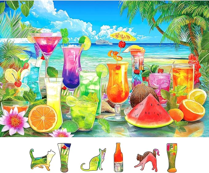 Tropical Paradise 500 Piece Jigsaw Puzzle for Adults Colorful Summer Beach Scene with Cocktails & Fresh Fruits,Letters on Back for Easy Sorting,Perfect for Game Nights & Family Fun(23“X15”)