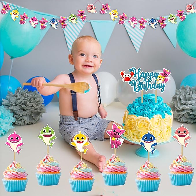 "Bby Shrk Theme Birthday Party Supplies – Complete Decorations Set with Happy Birthday Banner, Cake Topper, Cupcake Toppers, Garland, Table Décor, and Party Accessories for Boys and Girls"