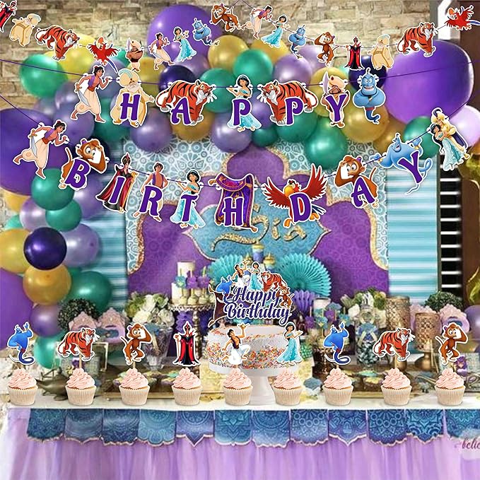 Aladn Theme Party Decorations - Arabian Princess Birthday Decor, Magic Lamp Genie Inspired Party Supplies, Desert Palace Theme Birthday Banner, Cake Topper & Dessert Table Decorations