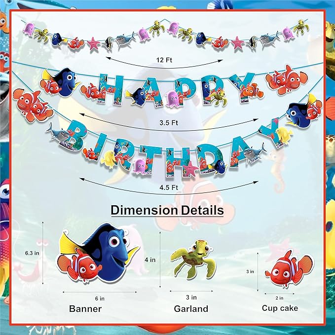 "Findng Nmo Theme Birthday Party Supplies – Under the Sea Decorations for Boys Girls – Includes Birthday Banner, Cake Topper, Cupcake Toppers, Garland & Ocean Party Décor Set"