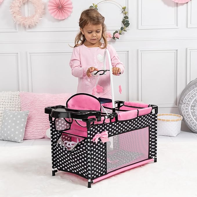 Bayer: Multi Bed - Black, Pink, Hearts - Accessory Set for Dolls Up to 18", Built-in High Chair, 3 Hangers, Pillow, Blanket, Kids Ages 3+