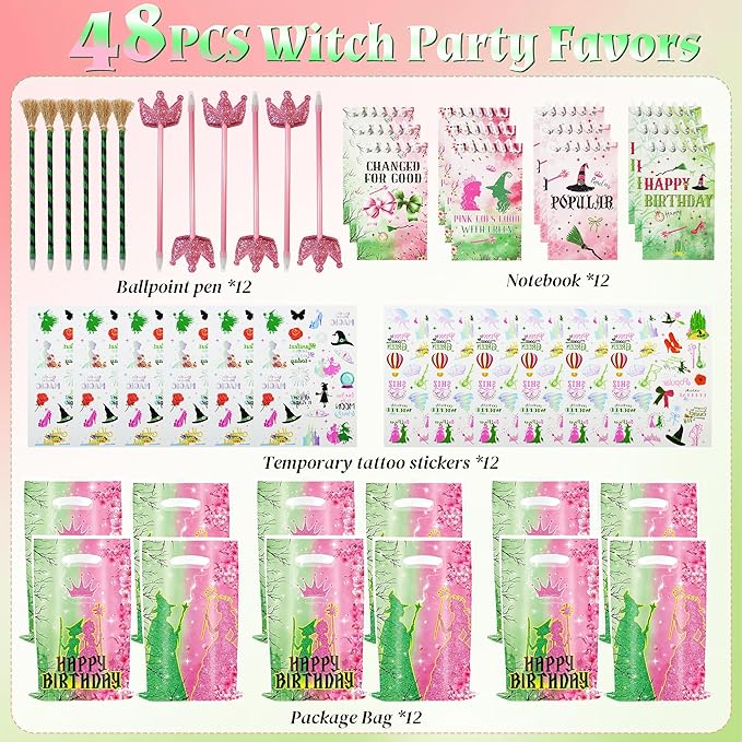 48Pcs Pink and Green Witch Party Favors, Witch Birthday Decorations, Ballpoint Pens, Notebooks, Temporary Tattoo Stickers, Classroom Rewards Student Birthday Gifts Party Supplies