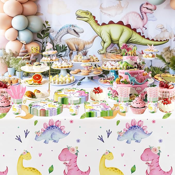 Dinosaur Party Decorations Tableware For Girl Birthday Baby Shower, Pink Dino Dinosaur Birthday Party Supplies, Paper Plate, Cup, Napkin, Disposable Fork , 24 Guests