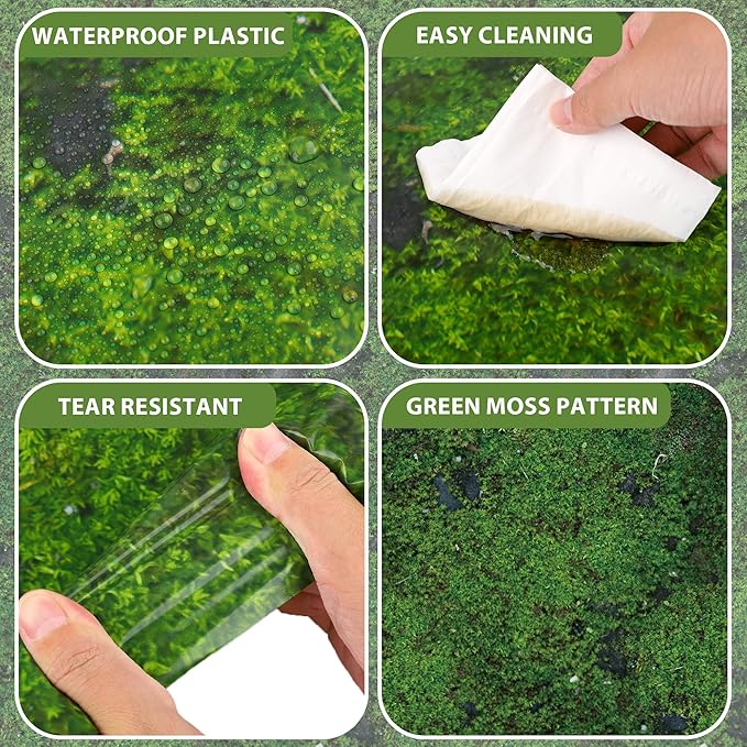 Kochorie 100 Ft x 54 Inch Green Moss Tablecloth Roll with Slide Cutter Box Disposable Green Grass Plastic Tablecovers Cut to Size Tablecloth Jumbo Jungle Backdrop for Birthday Picnic Baby Shower