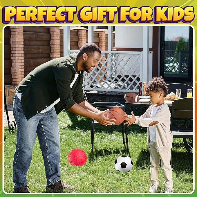 Sports Balls for Kids & Toddlers - (Pack of 4) 5-inch Sports Set Includes Football, Small Size Soccer, Basketball, and Playground Balls, Fun Indoors & Outdoor Toys (Hand Pump Included)