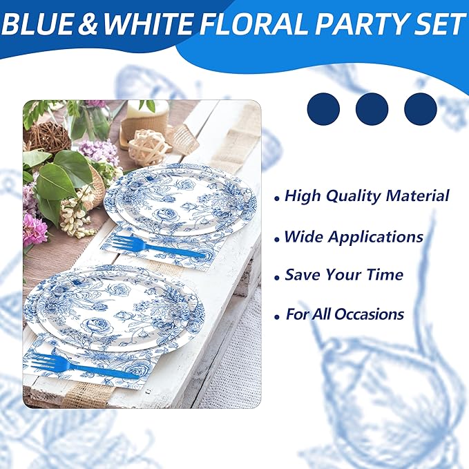 100 Pcs Blue and White Floral Tableware Party Supplies Set, Serves 25 – Disposable Elegant Flower Paper Plates, Napkins, and Plastic Forks for Wedding, Bridal Shower, Birthday, Garden Tea Decorations