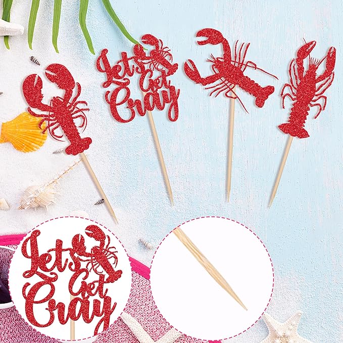 24 PCS Crawfish Cupcake Toppers Red Glitter Let's Get Cray Lobster Cupcake Picks Crawfish Party Cake Decorations for Lobster Theme Carnival Baby Shower Birthday Single Divorce Party Supplies