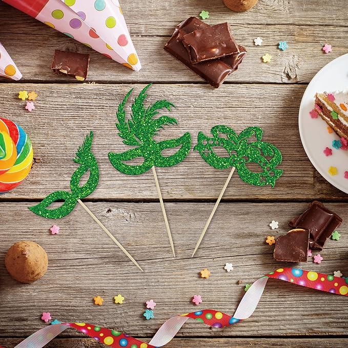 Gyufise 24Pcs Masquerade Masks Cupcake Toppers Green Glitter Bachelorette Party Mask Cupcake Food Fruit Picks Masquerade Mardi Gras Party Baby Shower Birthday Party Cake Decorations