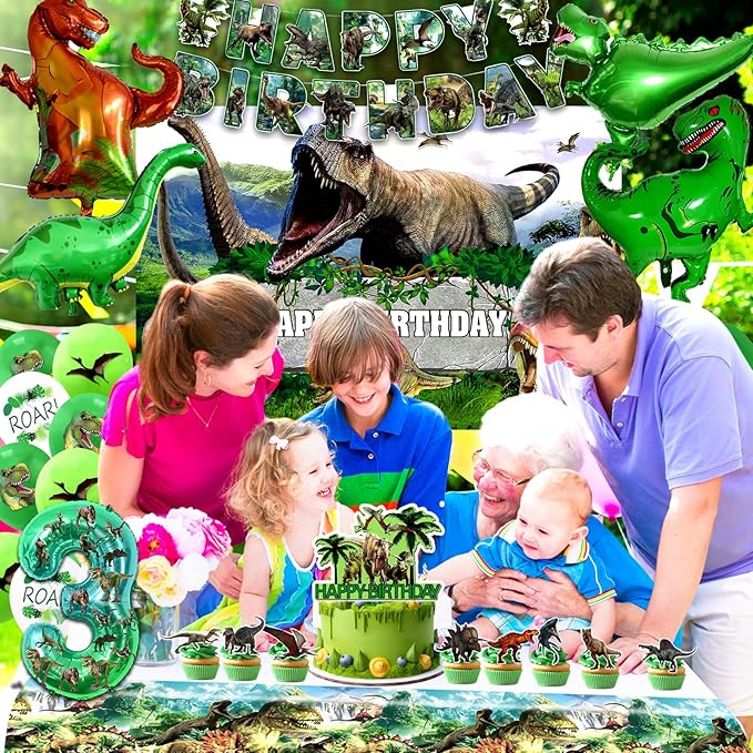Dinosaur Birthday Decorations, Dino Birthday Party Supplies&Decorations 3 Year Old,Dinosaur Theme Party Set Include Banner Tablecloth Balloons Cake Toppers Plate Napkin for Kids Party