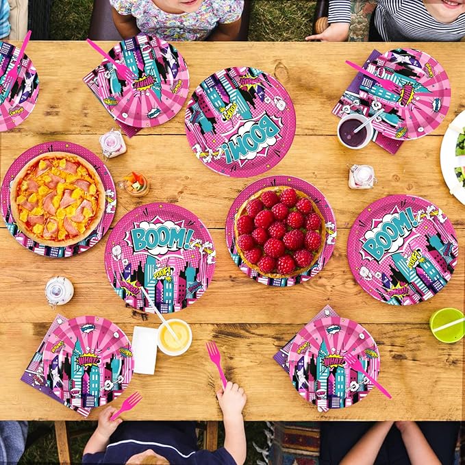 96Pcs Pink Hero Birthday Party Decorations for Girls Hot Pink Comic Hero Plates and Napkins Tableware Sets Super Theme Decorations for Kids Baby Shower Spider Hero's Themed Party Favors Serves 24