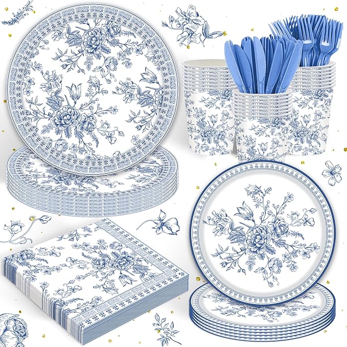 120PCS Blue Floral Plates Party Supplies for Girls Kids Blue Disposable Plates and Napkins Cups Floral Tableware Set Birthday Bridal Wedding Party Decorations