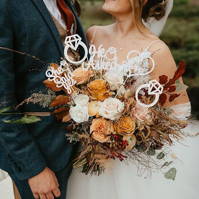Gyufise 12Pcs He Asked She Said Yes Centerpiece Sticks Double Sided Love Heart I Do Ring Table Centerpiece Sticks for Wedding Engagement Bridal Theme Party Supplies Silver