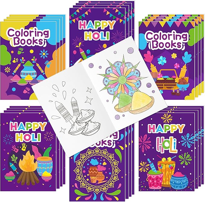 Holi Coloring Books for Kids 24Pcs Bulk Happy Holi Mini Coloring Booklet DIY Art Drawing Book for Toddlers Indian Festival Holiday Party Goodie Bags Stuffers Sunday School Classroom Favor