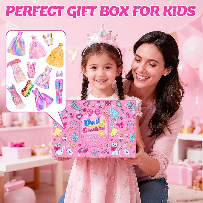 85 Pcs Doll Clothes and Accessories Kit, Include Princess Gowns, Fashion Skirts, Evening Dresseses, Tops, Pants, Bikini Swimsuits, Shoes, Crowns, Necklaces, Glasses in Gift Box for 11"-12" Dolls