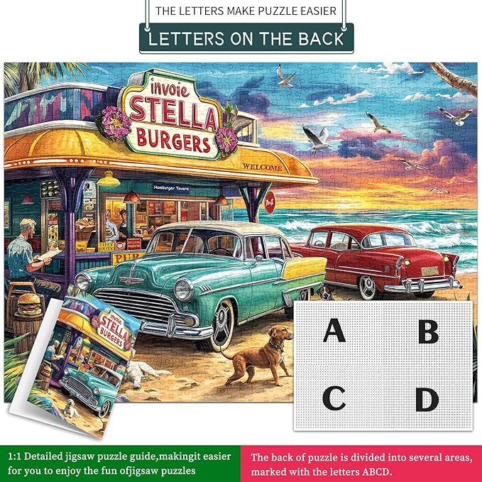 Jigsaw Puzzles for Adults 1000 Pieces, Interlock Perfectly Letter on Back No Dust, Home Decor Birthday Party Gift Toy for Men Women Elders Seniors, 1:1 Poster-Seaview Campground