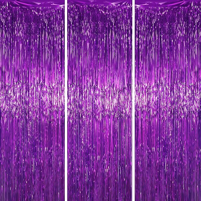 3.3 x 6.6 ft Foil Fringe Backdrop Curtains, Tinsel Streamers Party Decorations, Fringe Backdrop for Birthday, Baby Shower, Gender Reveal, Graduation (3, Purple)