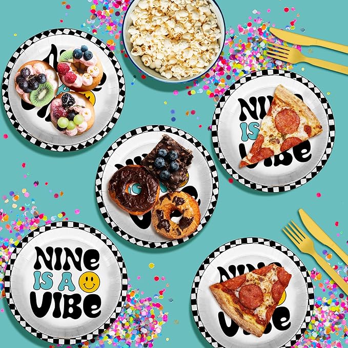 Nine is a Vibe Smiley Face Ninth Birthday - 32 Piece Disposable Party Supplies - Decorations for 9th Birthday Round Party Plates - Large 9" Paper Plates In Bulk