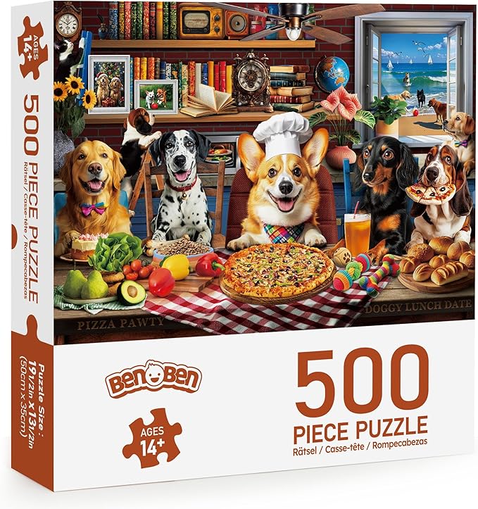 BenBen Puzzles for Adults 500 Pieces, Dogs' Dinner Party, Dog Jigsaw Puzzle with Letters or Patterns on Back, Funny Animal Puzzle, Challenging Puzzles for Family Game Night, Home Décor