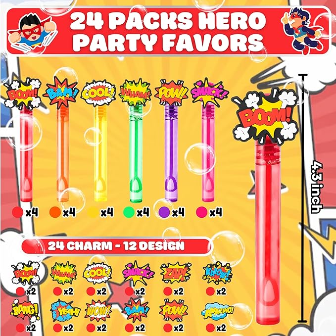Hero Party Favors for Kids – 24PCS POW BAM ZAP Bubble Wands, Great for Birthday Supplies, Piñata Fillers, Goodie Bags & Classroom Rewards
