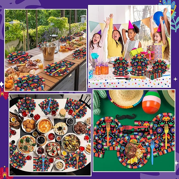 50 Guests Mexican Fiesta Plates and Napkins Party Supplies Mayo Datura Flower Party Decorations Disposable Tableware Set Day of The Dead Dinnerware Favor for Pinata Taco Theme Decor, 200PCS