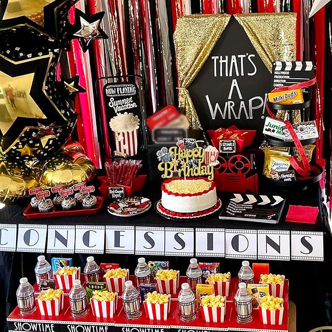 1 PCS Movie Happy Birthday Cake Topper Glitter Roll Camera Video Recorder Popcorn Movie Night Cake Pick for Hollywood Theme Film Festival Baby Shower Birthday Party Cake Decorations Supplies Gold