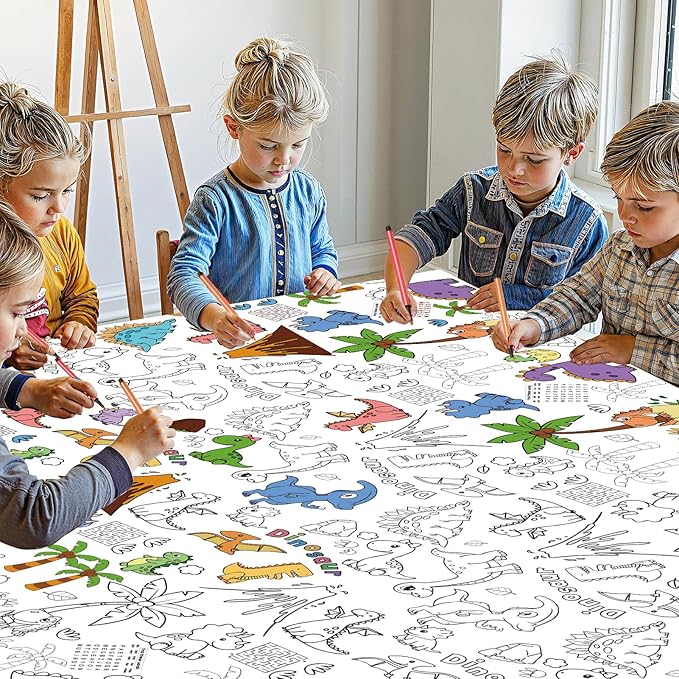 Dinosaur Coloring Tablecloth for Kids - Giant Dino Paper Activity Table Cover, Jumbo Animal Dino World Coloring Games Poster Crafts for Dinosaur Birthday Decorations Party Favors, 54x108 Inch