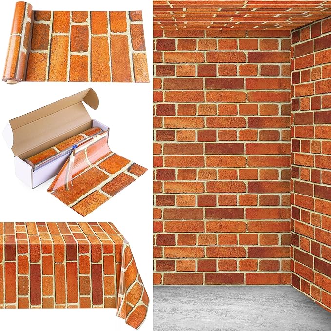 Kochorie 100 Ft x 54 Inch Retro Red Brick Wall Backdrop Tablecloth Roll with Cutter Box Disposable Vintage Stone Brick Door Wallpaper Tablecover for Christmas Halloween Birthday Party Decorations