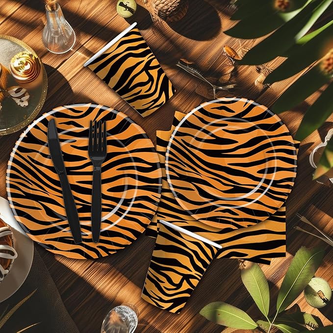Tiger Print Birthday Plates And Napkins Party Supplies, Safari Jungle Animal Tiger Texture Print Party Decorations Tableware, Plate, Cup, Napkin, Fork | Serves 24