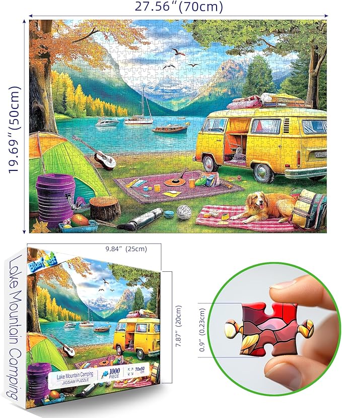 Blueforest 1000 Piece Jigsaw Puzzle - Unique Camping Lake RV Scene - 27.5x19.7 Inches - Challenging Adult Puzzle for Relaxation & Family Activity