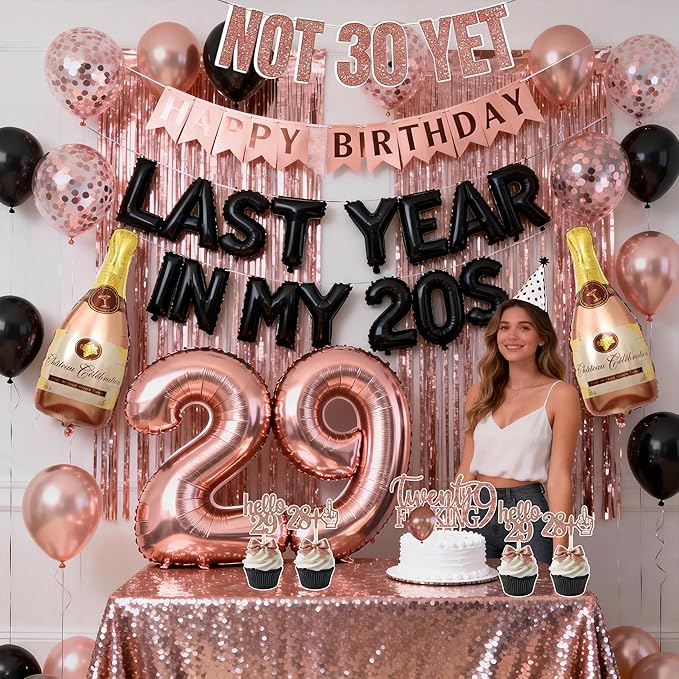 Last Year In my 20S Birthday Decorations for Women include Last Year In My 20s Balloon Banner Not 30 Yet Glitter Banner Cake Topper Cupcake Toppers for 29th Birthday Decor Party Supplies (rose gold)