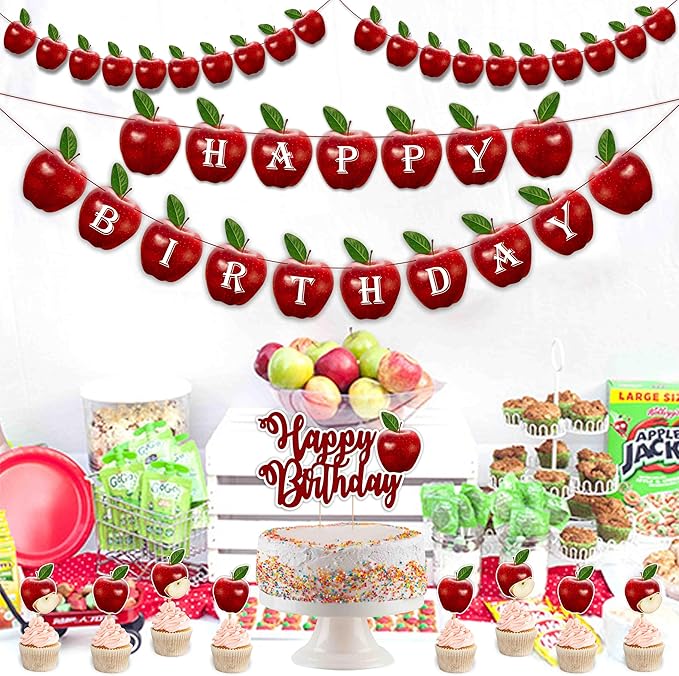"Apple Theme Birthday Party Supplies – Red Apple Birthday Decorations for Adults – Includes Happy Birthday Banner, Cake Topper, Cupcake Toppers, Garland, and Party Table Décor"