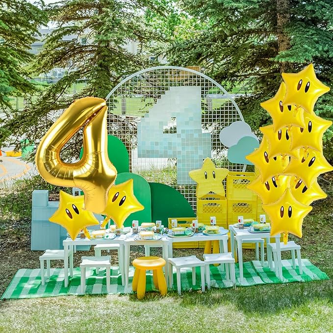 16PCS Foil Star Balloons, 40Inch Number 4 and Star Foil Balloons For Game Theme 4th Birthday Party Decorations Children Party Supply Party Decor (4th)