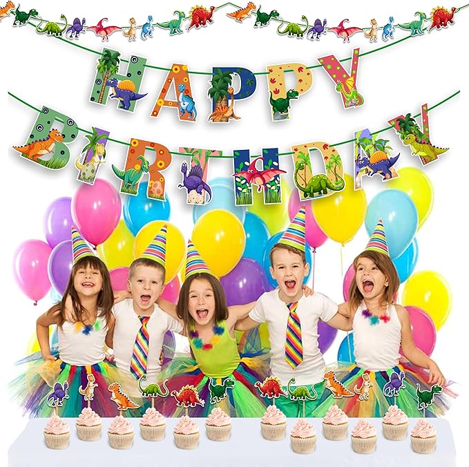 Dinosar Theme Birthday Party Supplies - Decoration Set for Home Celebration, Dinosaur Party Décor Kit with Banner, Cake Topper, Cupcake Toppers and Table Decorations for Event Setup