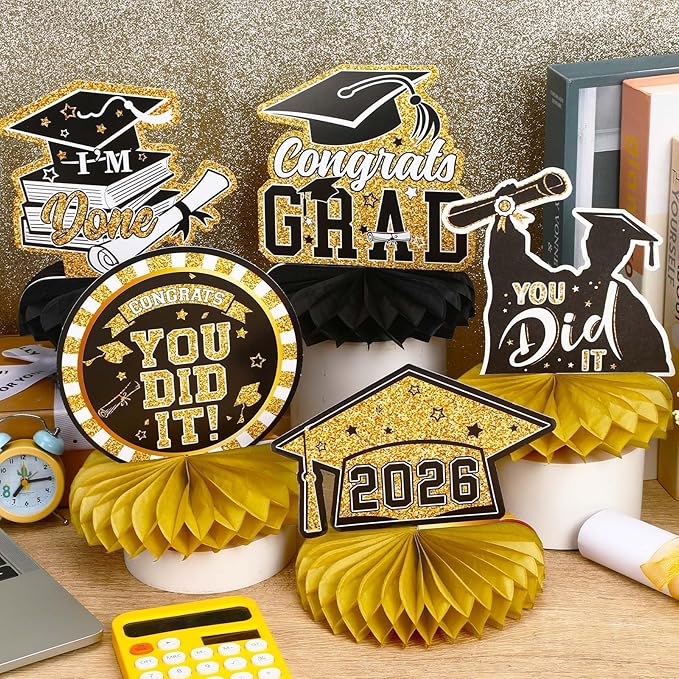 10 PCS Graduation Party Decorations Class of 2026,Gold and Black Congrats Grad Honeycomb Centerpiece for Table Congratulate Graduation Table Toppers for Graduation Party Favor Supplies
