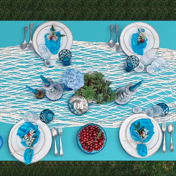 Unittype 6 Pcs Fish Net Decorative and Tablecloth Set, Cotton Fishnet and Plastic Table Cover Decorations Set for Nautical Themed Party Baby Shower Pirate Decorations Mermaid Party(Turquoise)