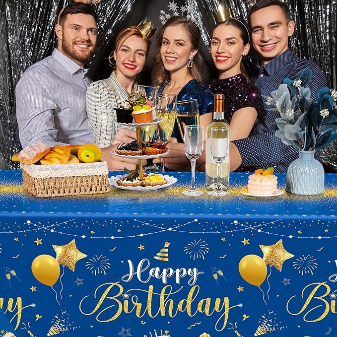 Tudomro 3 Pcs Happy Birthday Tablecloths Happy Birthday Party Decorations Plastic Table Cover Rectangular Cloths for Women Men Baby Shower Party Supplies, 108 x 54 Inch (Blue Silver)