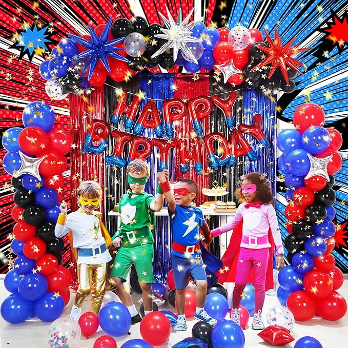 Spider Balloons Birthday Party Decorations Supplies Kids, Superhero Banner Themed Backdrop Balloon Column Arch Garland Party Decor Kit for Boy -228Pcs