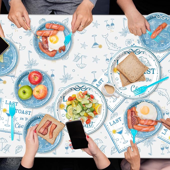 K1tpde 3PCS Last Toast On The Coast Bachelorette Party Tablecloth for Adult, Coastal Themed Blue Wine Cup Shell Starfish Plastic Tablecloth, Disposable Tablecover for Bachelorette Party Decorations