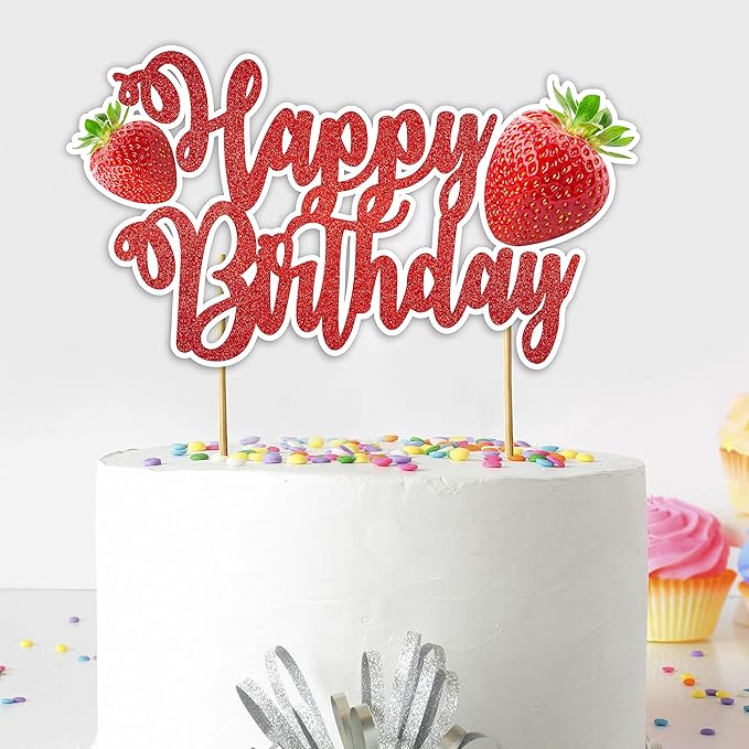 Real Strawberry Happy Birthday Cake Topper – Fresh Fruit Theme Cake Decoration for Birthday Celebration, Strawberry Inspired Dessert Topper for Party Cakes, Table Display Styling, Photo Setup.