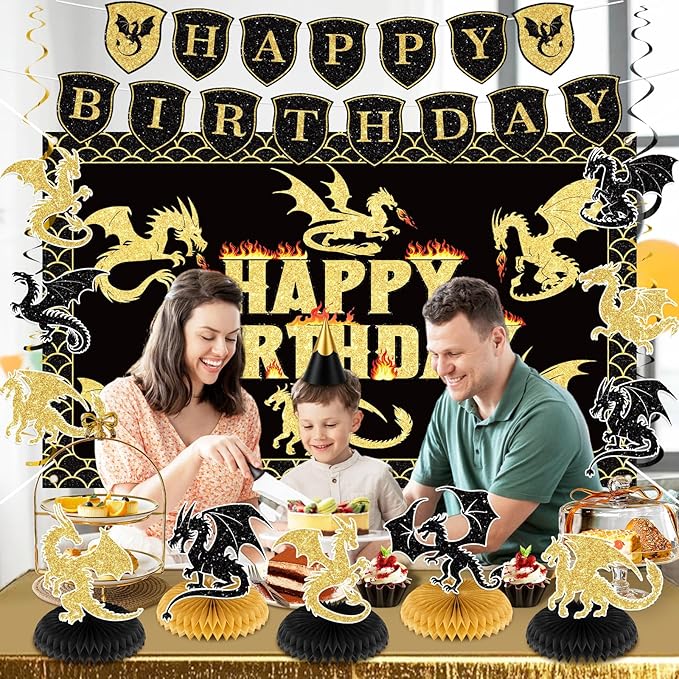 Dragon Birthday Party Decorations Black Gold Dragon Knight Party Supplies with Birthday Banner Backdrop Honeycomb Topper Hanging Swirls Balloons for Kids Dragon Decor