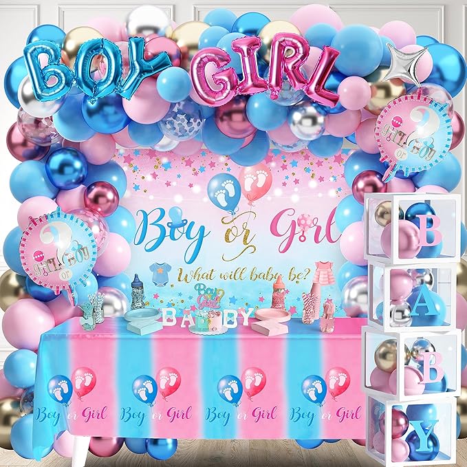 92Pcs Gender Reveal Decorations and Baby Box with Letters Set Boy or Girl Gender Reveal Party Supplies Party Ideas Tablecloth Backdrop Pink and Blue Balloons Baby Boxes with Letters Decorations Kit