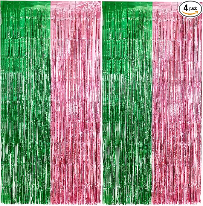 4 Pack Pink and Green Party Decorations Tinsel Foil Fringe Backdrop 3.3’x6.6’, Wicked Party & Halloween Streamer, Durable Metallic Tassel Create Photo Booth & Entrance