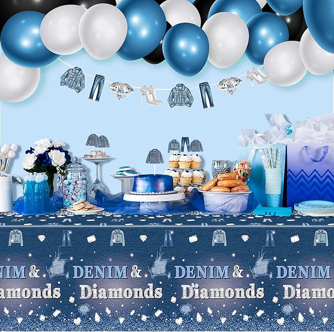 K1tpde Denim & Diamonds Party Tablecloth - 3PCS Denim Themed Blue Jacket Jeans Plastic Tablecloth, Disposable Jeans Tablecover for Adult, Crystal Birthday Party Supplies for Bachelorette Wedding Decor
