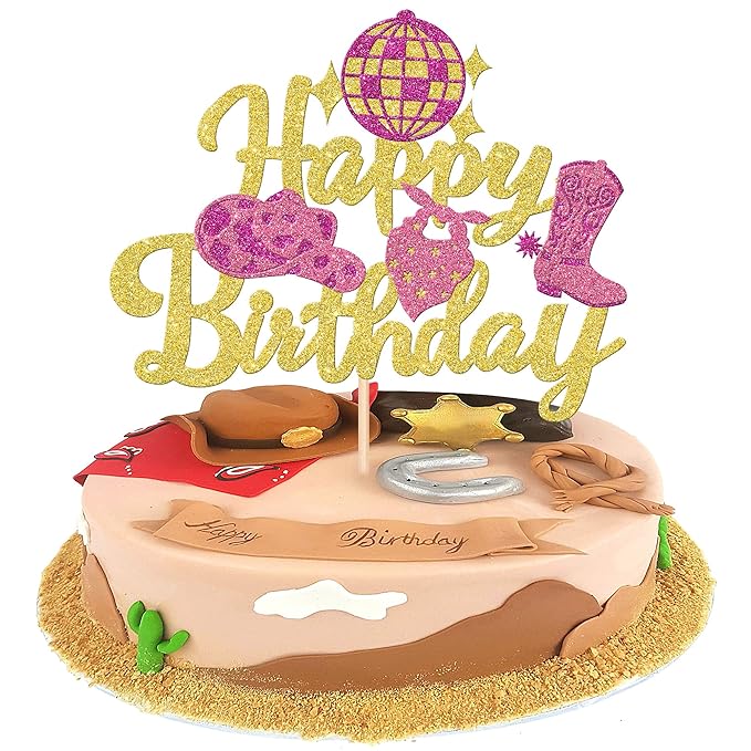 1 PCS Glitter Western Cowgirl Birthday Cake Topper - Disco Cowgirl Cake Decorations for Western Rodeo Theme Girls Birthday Party Supplies - Gold