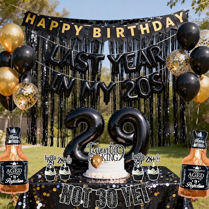 Last Year In my 20S Birthday Party Supplies for Men 29th Birthday Decorations include Balloon Banner Not 30 Yet Glitter Banner Cake Topper Cupcake Toppers Tablecloths(black and gold)