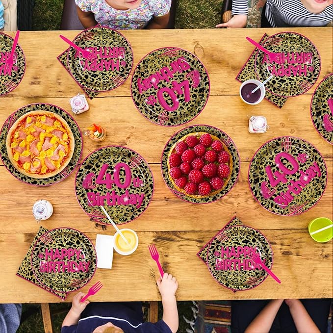 96Pcs Cheetah Print 40th Birthday Party Supplies Pink Animal Leopard Print Plates and Napkins Leopard Happy 40th Birthday Tableware Set for Girls Safari Animal Party Decorations Serves 24
