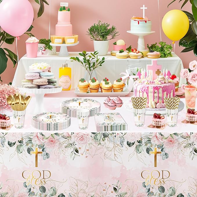 God Bless Baptism Decorations Tableware Girl - First Communion Decorations Supplies, Plate, Cup, Napkin, Fork, Baptism Plates And Napkins Set For Christening Baby Shower Religious | Serve 24