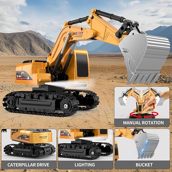 Remote Control Excavator and Dump Truck Toy Set - RC Construction Vehicles Toy with Barricades, Road Signs, Simulated Rocks, Lights and Sounds, Birthday Gifts for Toddlers 3-12 year Boys Girls